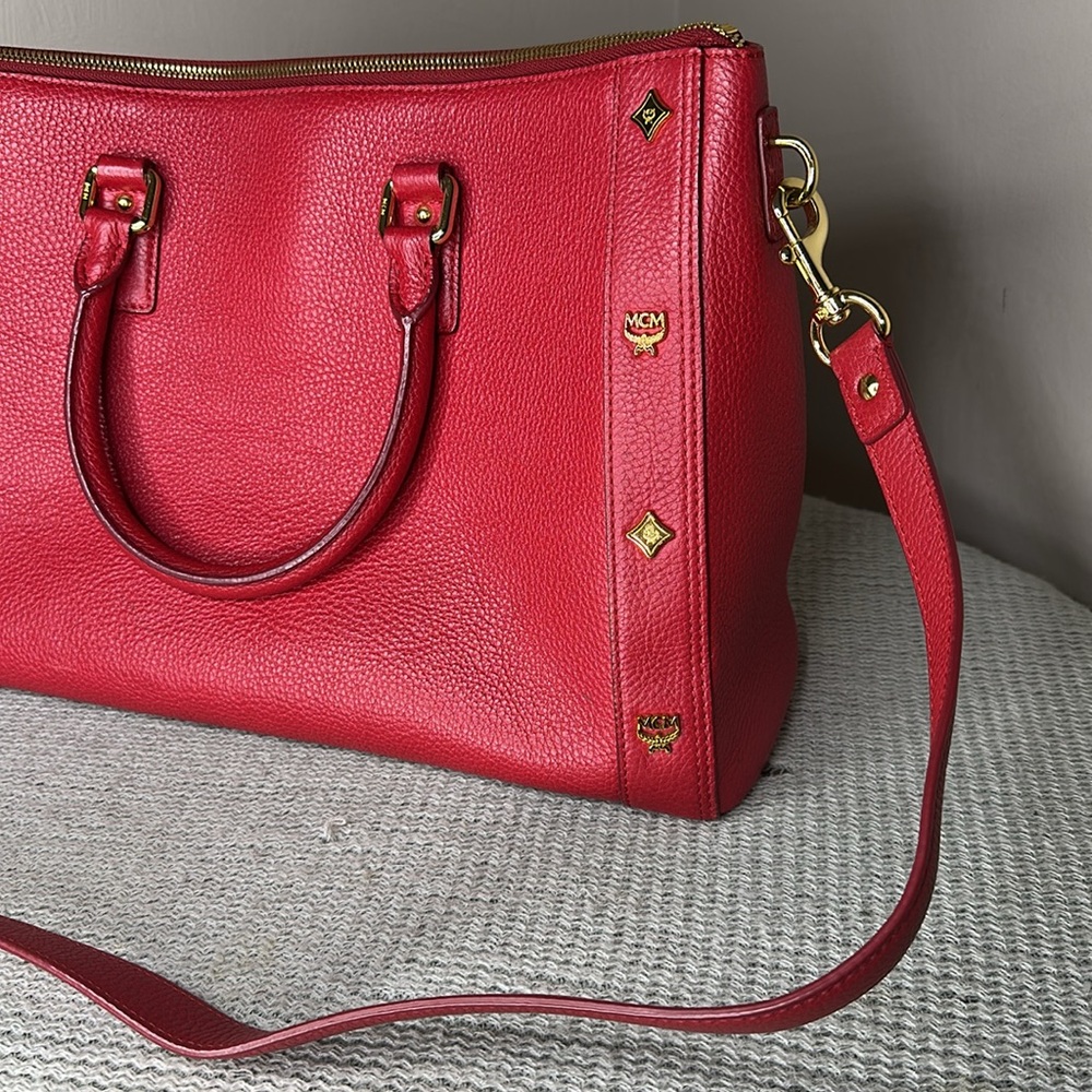 MCM Large Red Leather Studded Crossbody Tote Bag - Picture 3 of 15